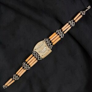 Vintage Bone & Wood Tribal Bracelet Alpaca Silver Boho Petite 6.25